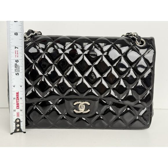 Chanel Patent Quilted Jumbo Single Flap Bag Black with Silver Hardware B-2 - Picture 12 of 16